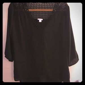Black crochet accented blouse v neck